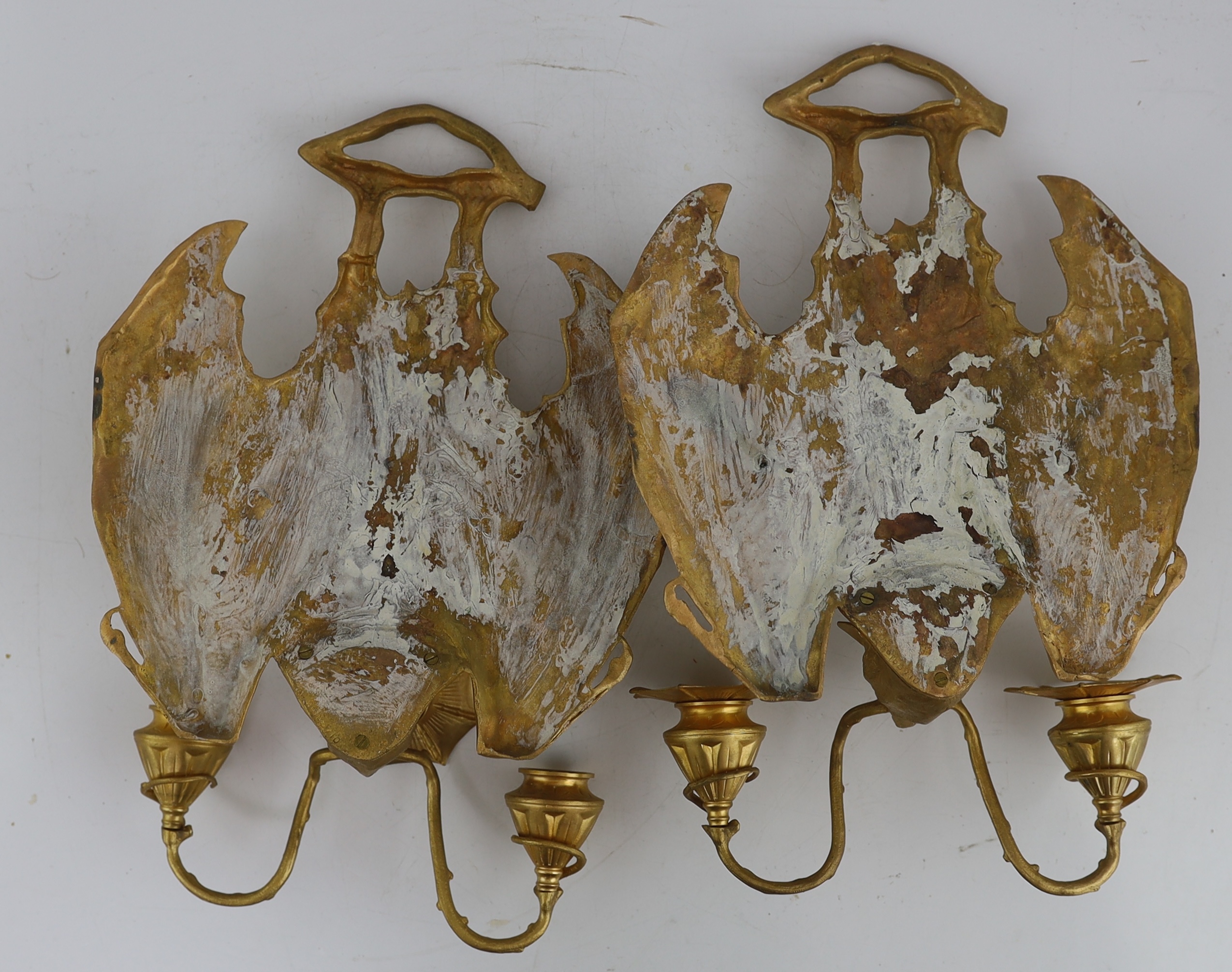 After William Tonks & Sons for Liberty & Co. of London, a pair of Victorian ormolu wall brackets modelled as hanging bats